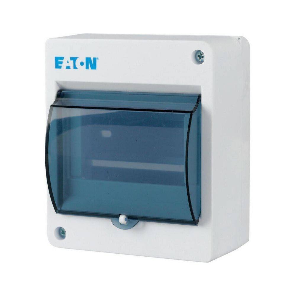 Ein weißes Eaton-Elektrogehäuse mit einer transparenten blauen Türabdeckung, das dazu dient, elektrische Komponenten und Verdrahtung zu beherbergen und zu schützen.