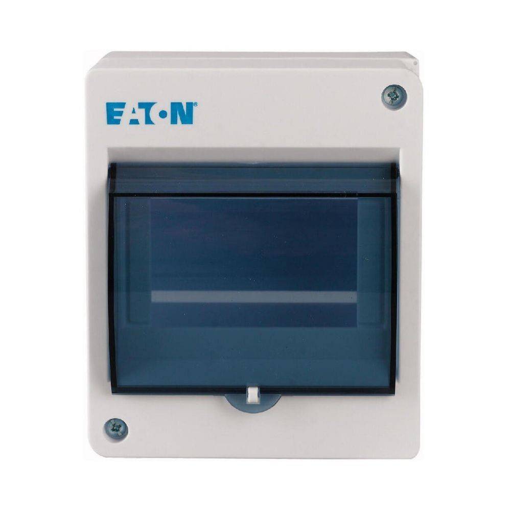 Ein elektrischer Sicherungskasten von Eaton mit einem weißen Gehäuse und einer transparenten blauen Abdeckung zur Aufnahme elektrischer Komponenten.