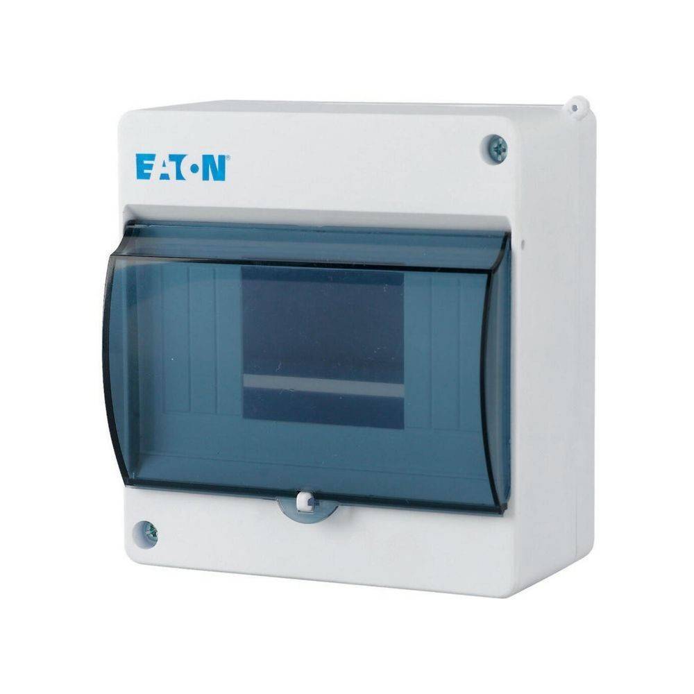 Eine weiße Elektro-Sicherungskasten mit einem dunklen transluzenten Deckel, beschriftet mit 'Eaton'.