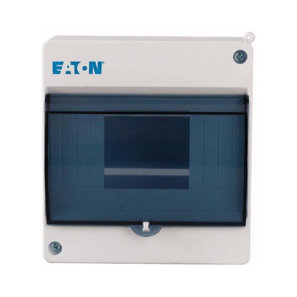 Ein weißes Kunststoff-Elektrogehäuse mit einem transparenten dunklen Deckel, beschriftet mit 'Eaton', verwendet zur Unterbringung von Sicherungsautomaten oder elektrischen Komponenten.