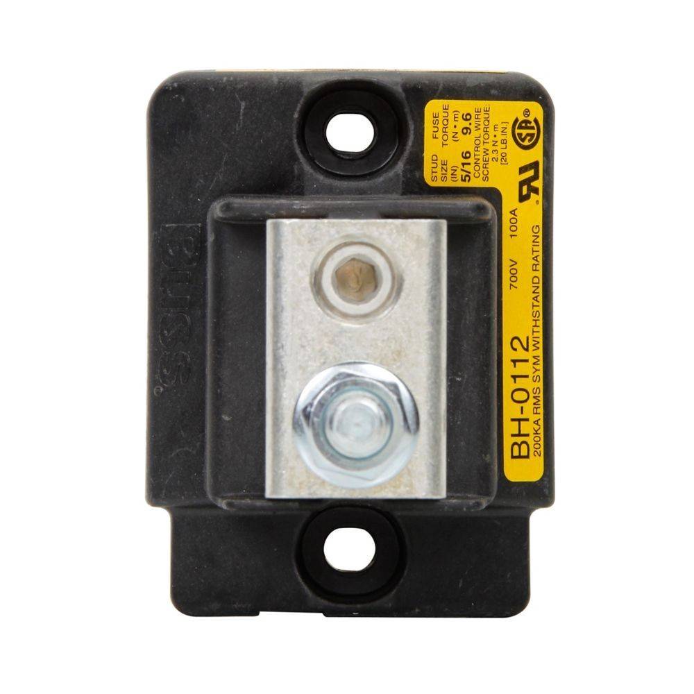 Ein schwarzer und silberner Sicherungshalter mit der Bezeichnung 'BH-0112', ausgestattet mit Schraubklemmen und elektrischen Spezifikationen auf einem gelben Aufkleber.