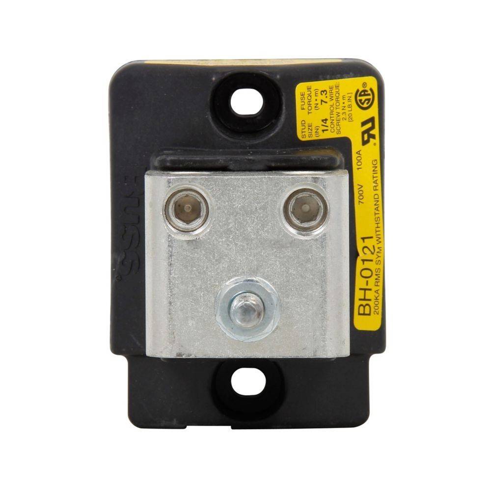 Amp Sentry' Sicherungshalter, Modell BH-0121. Bewertet mit 700V, 100A. Verfügt über zwei Befestigungslöcher für die Montage und ein gelbes Etikett mit Spezifikationen.