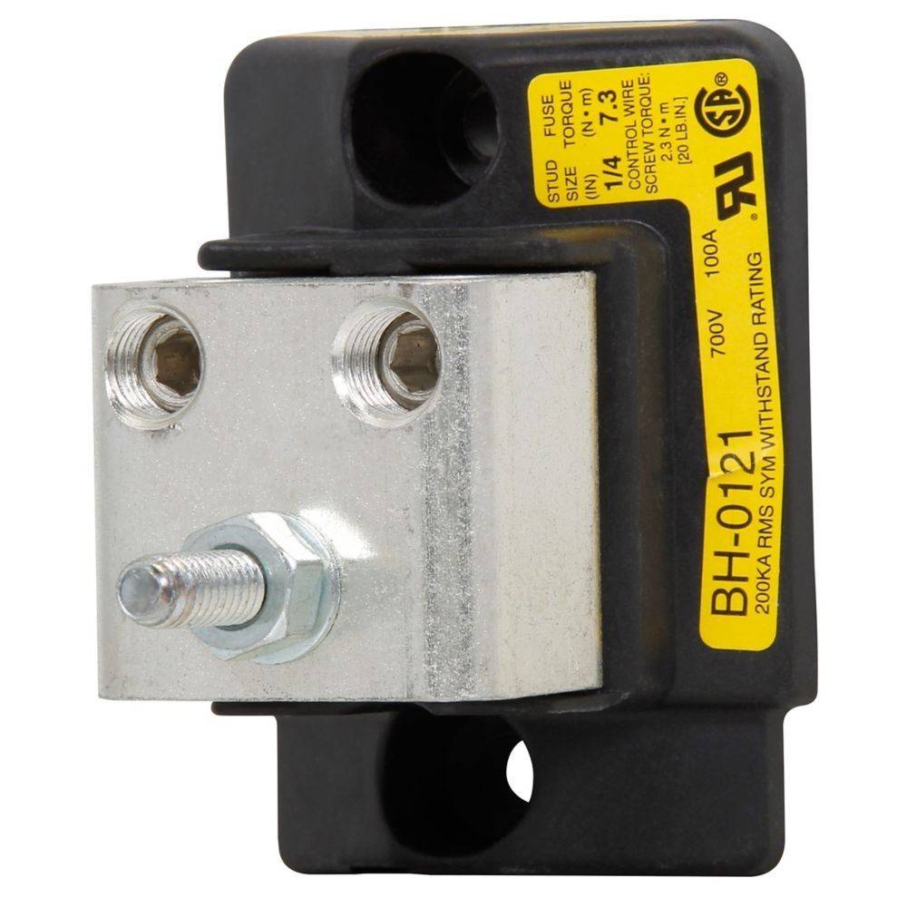 Ein Metall-Sicherungshalter mit zwei Befestigungslöchern und einem Bolzen in der Mitte. Ein gelbes Etikett zeigt die Bezeichnung 'BH-0121' und elektrische Kenndaten.