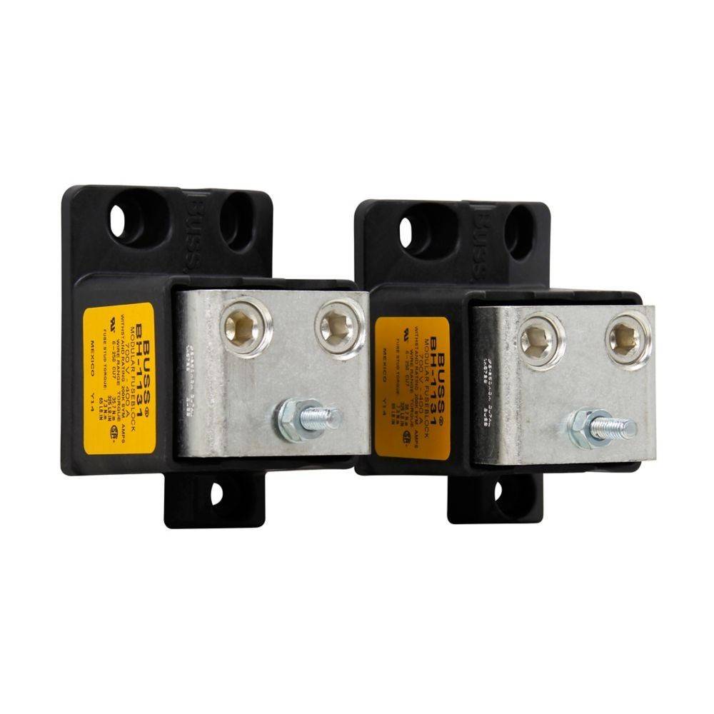Zwei schwarze und silberne Batteriesicherungshalter, jeweils mit der Aufschrift 