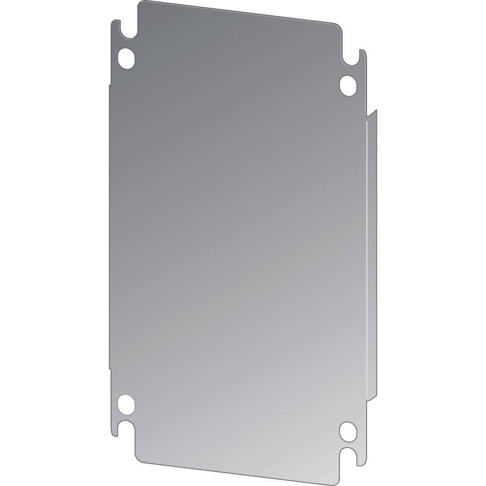 Eine rechteckige Metallabdeckplatte für elektrische Anschlüsse mit vier Befestigungslöchern an den Ecken, die dazu dient, Steckdosen oder Schalter zu verdecken.