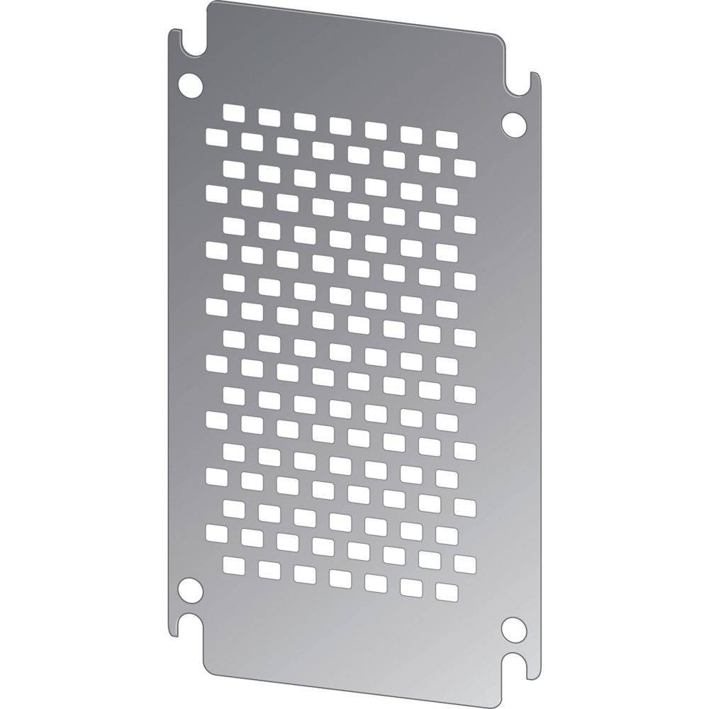 Ein rechteckiger Metallbelüftungsdeckel mit einem Gitter aus quadratischen Löchern und vier Befestigungslöchern an den Ecken.
