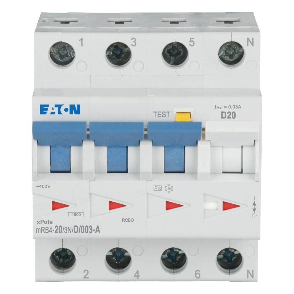 Ein weißer elektrischer Sicherungskasten mit blauen Schaltern und Beschriftungen, darunter 'TEST', 'D20' und '400V'. Schlüsselmerkmale sind mit Symbolen gekennzeichnet.