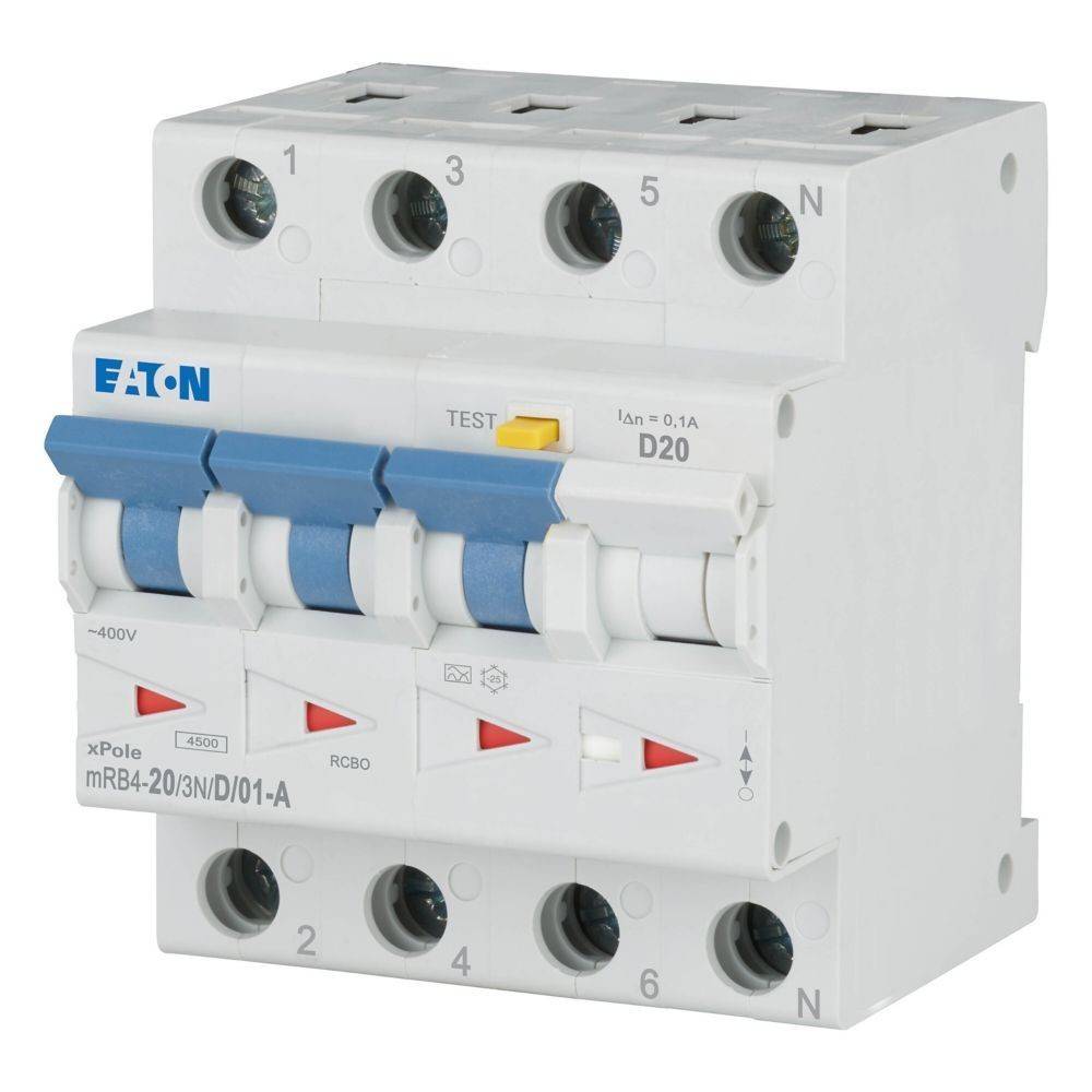 Ein 'Eaton' RCBO, Modell mRB4-20/3N/D/01-A, mit vier Schaltern und einer Testtaste, verwendet für elektrischen Leitungsschutz.