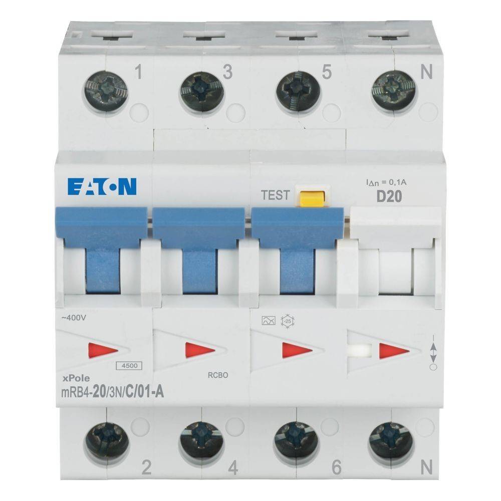 Eaton xPole mRB4-20/3N/C/01-A FI-Schalter mit Testknopf, blauen Schaltern und beschrifteten Eingängen zur elektrischen Stromkreisabsicherung.
