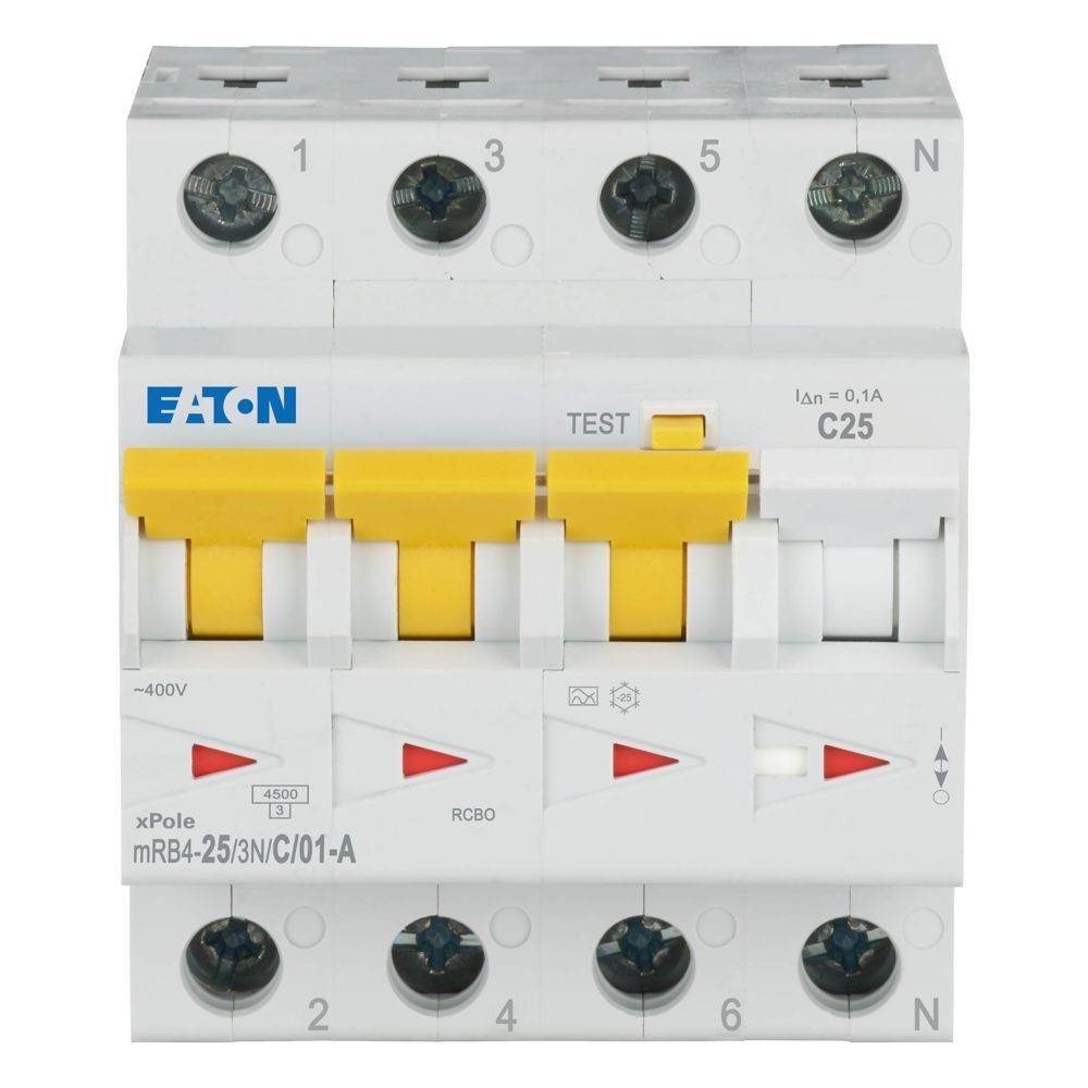 Elektrischer Leitungsschutzschalter mit gelben Schaltern, beschriftet mit 'Eaton', 'C25' und 'RCBO', konzipiert für die Sicherheit in elektrischen Systemen.