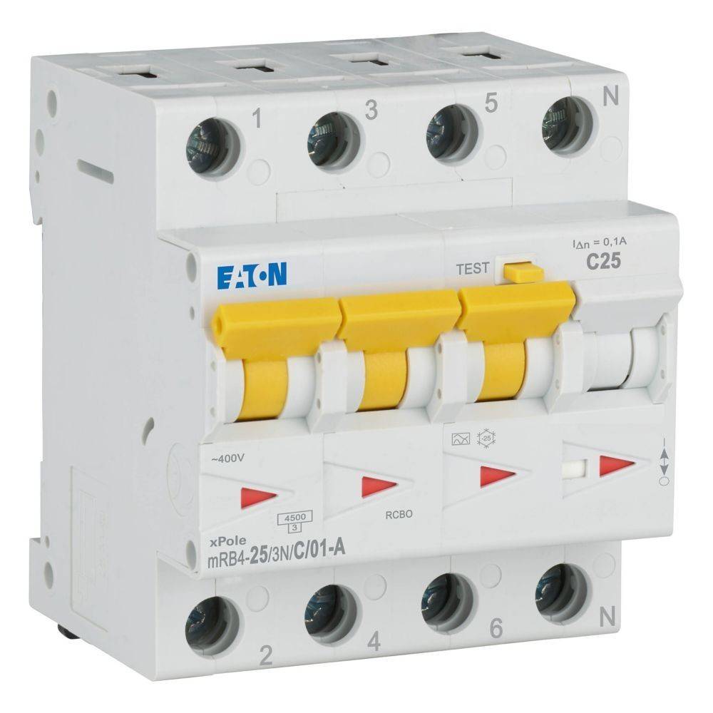 Ein weißer Eaton RCBO-Leitungsschutzschalter mit drei gelben Schaltern, die mit ‚C25' beschriftet sind, mit Steuerungsfunktionen und elektrischen Spezifikationen.