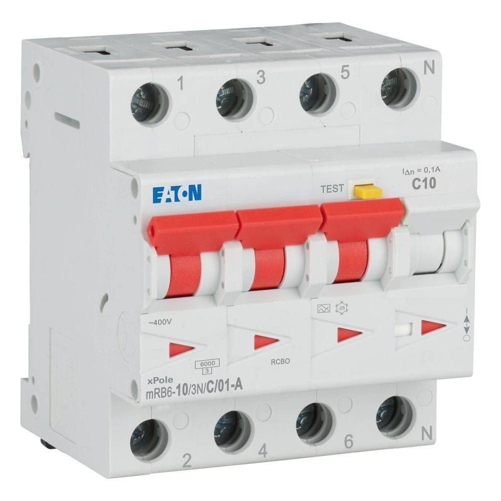 Eaton xPole RCBO, Modell mRB6-10/3N/C/01-A, 400V, 0,1A. Umfasst vier Schalter mit rot-weißem Design für Leitungsschutz.