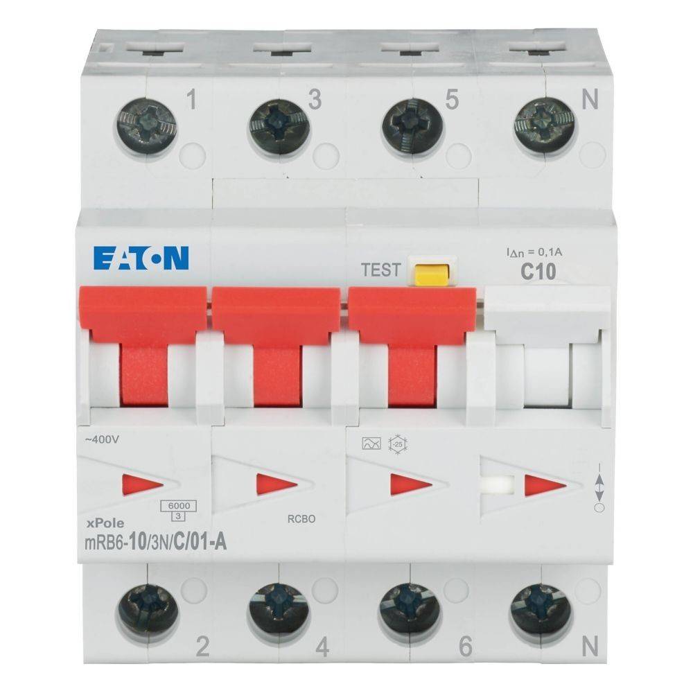 Eaton xPole RCBO Elektroschalter, Modell mRB6-10/3N/C/01-A, mit roten Umschaltern und Testknopf, ausgelegt für 400V und 0,1A.
