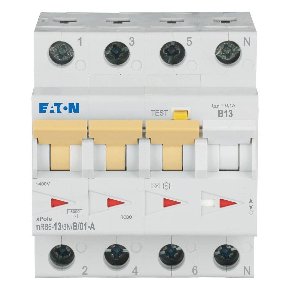 Eaton RCBO-Schutzschalter mit drei Schaltern, Typ B13, zur elektrischen Schutz- und Stromkontrolle. Ausgestattet mit Prüftaste.