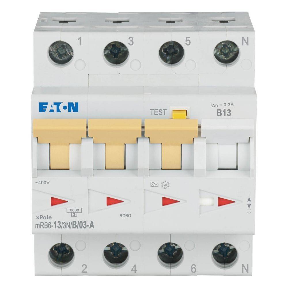 RCBO-Leitungsschutzschalter mit Testknopf, 400V, B13-Charakteristik. Eaton-Marke, Modell xPole mRB6-13/3N/B/03-A, geeignet für Dreiphasensysteme.