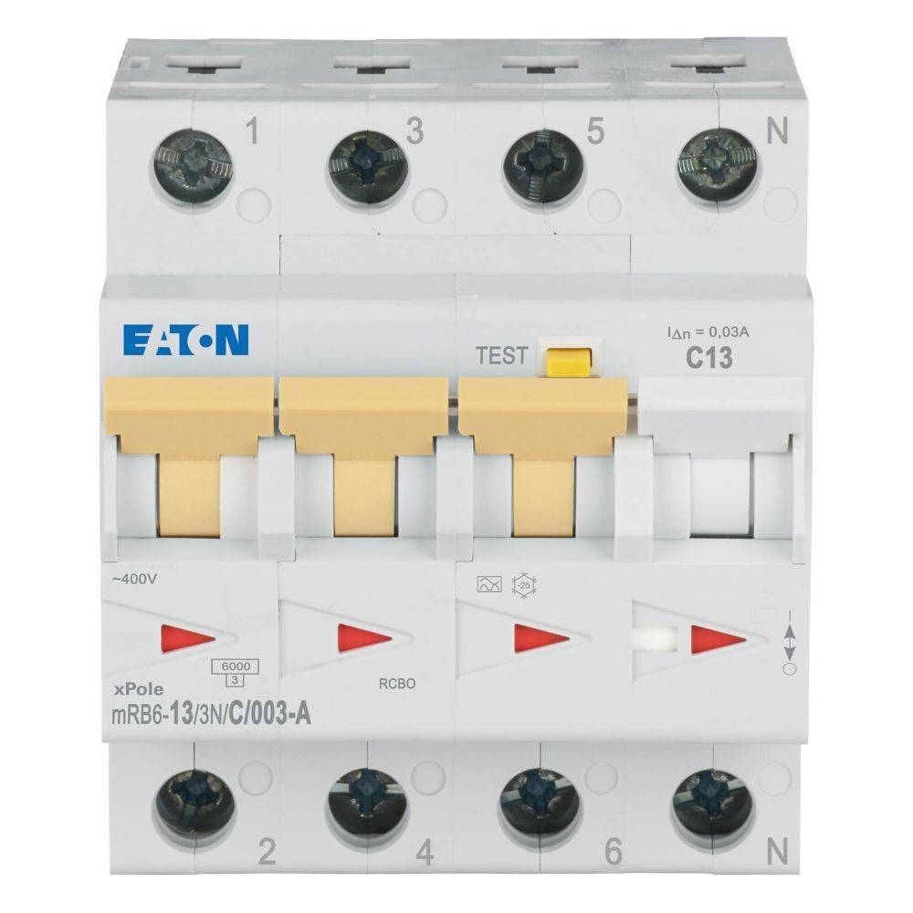 Frontansicht des Eaton xPole mRB6-13/3N/C/003-A Leistungsschalters mit gelben und weißen Schaltern sowie Testknopf.