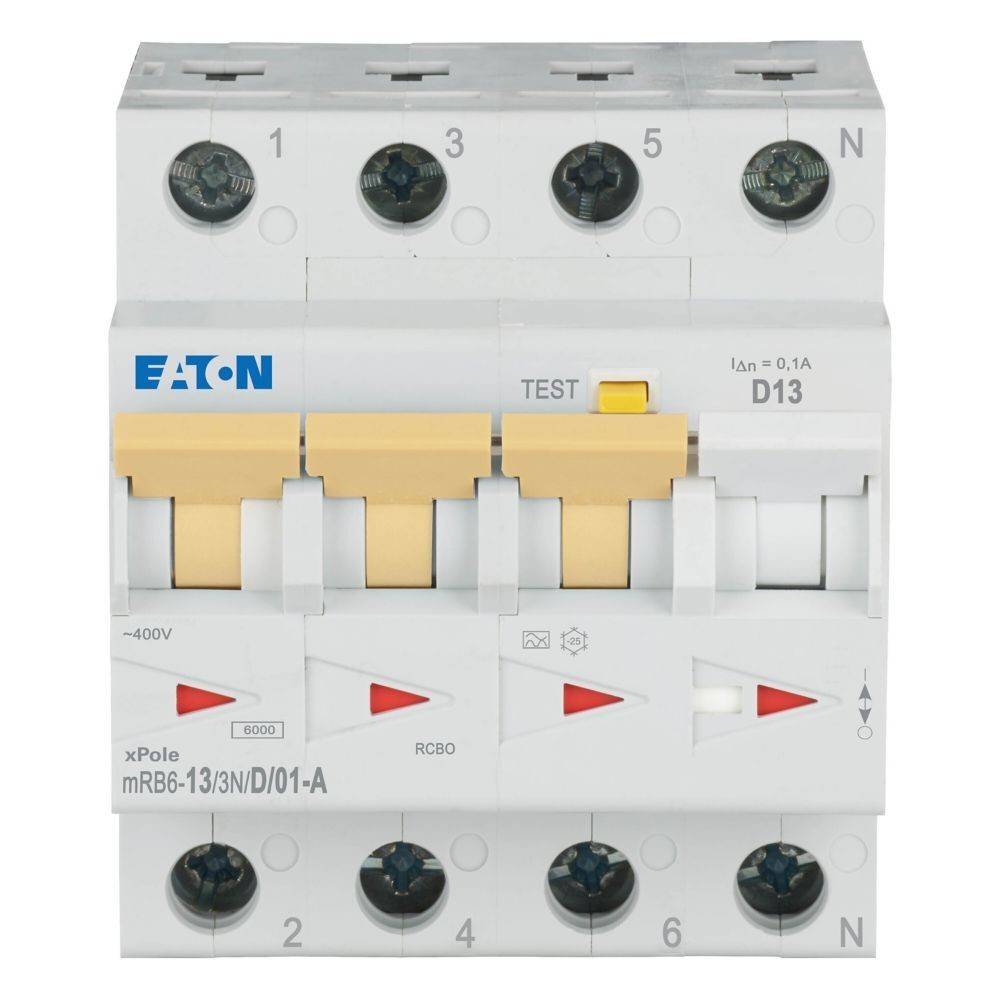 Eaton RCBO-Gerät Modell mRB6-13/3N/D/01-A mit Testknopf und beschrifteten Schaltern zur Stromkreisabsicherung, Frontansicht.