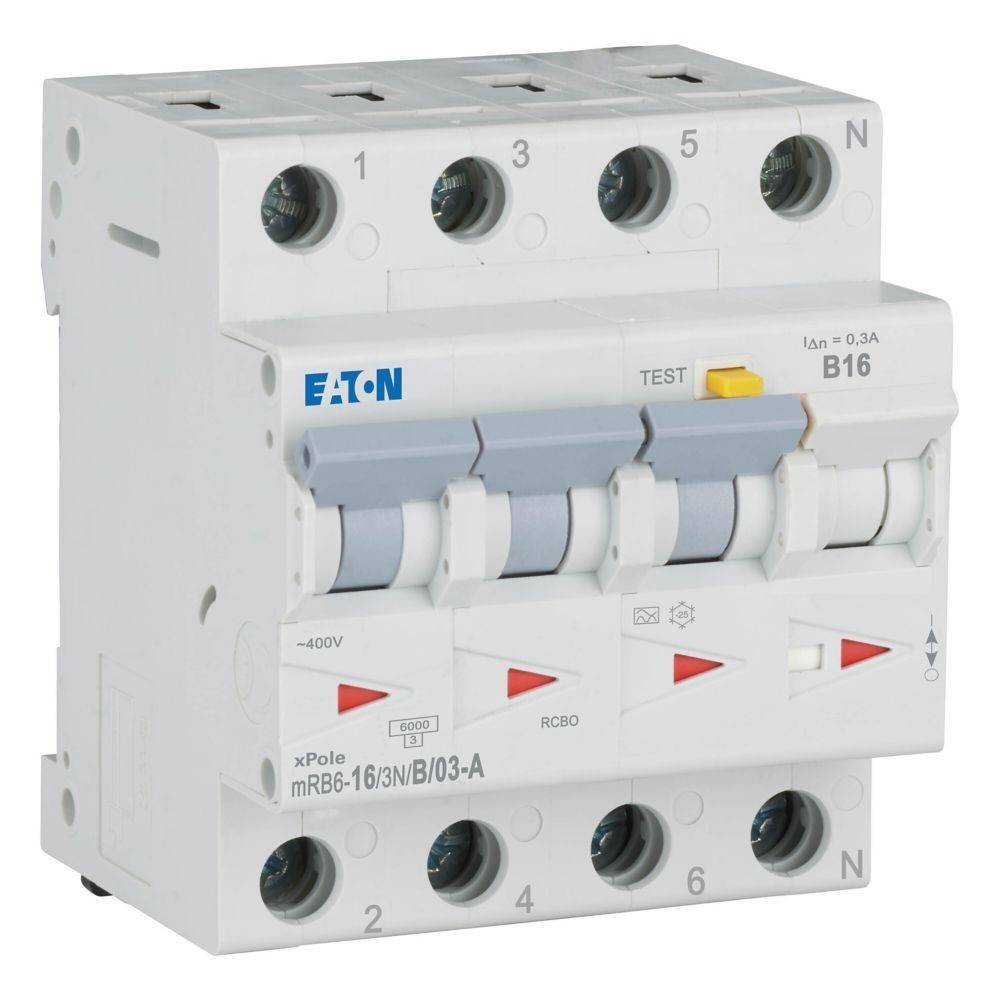 Ein weißer Eaton RCBO-Schalter mit vier Schaltern, beschriftet mit B16, der seine elektrische Kapazität anzeigt; verwendet zum Schutz von elektrischen Stromkreisen.