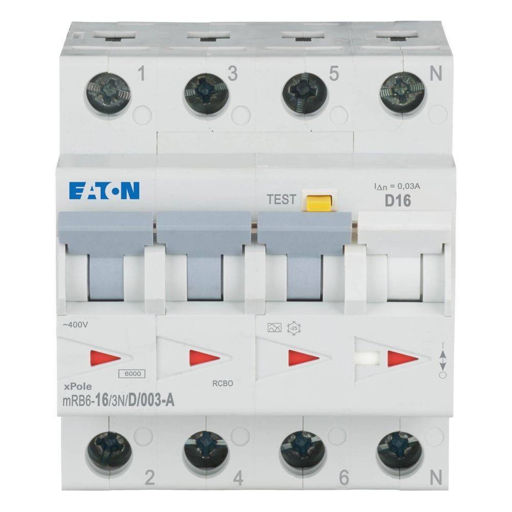 Eaton xPole mRB6-16' Leistungsschalter mit Testknopf und beschrifteten Nennleistungswerten.