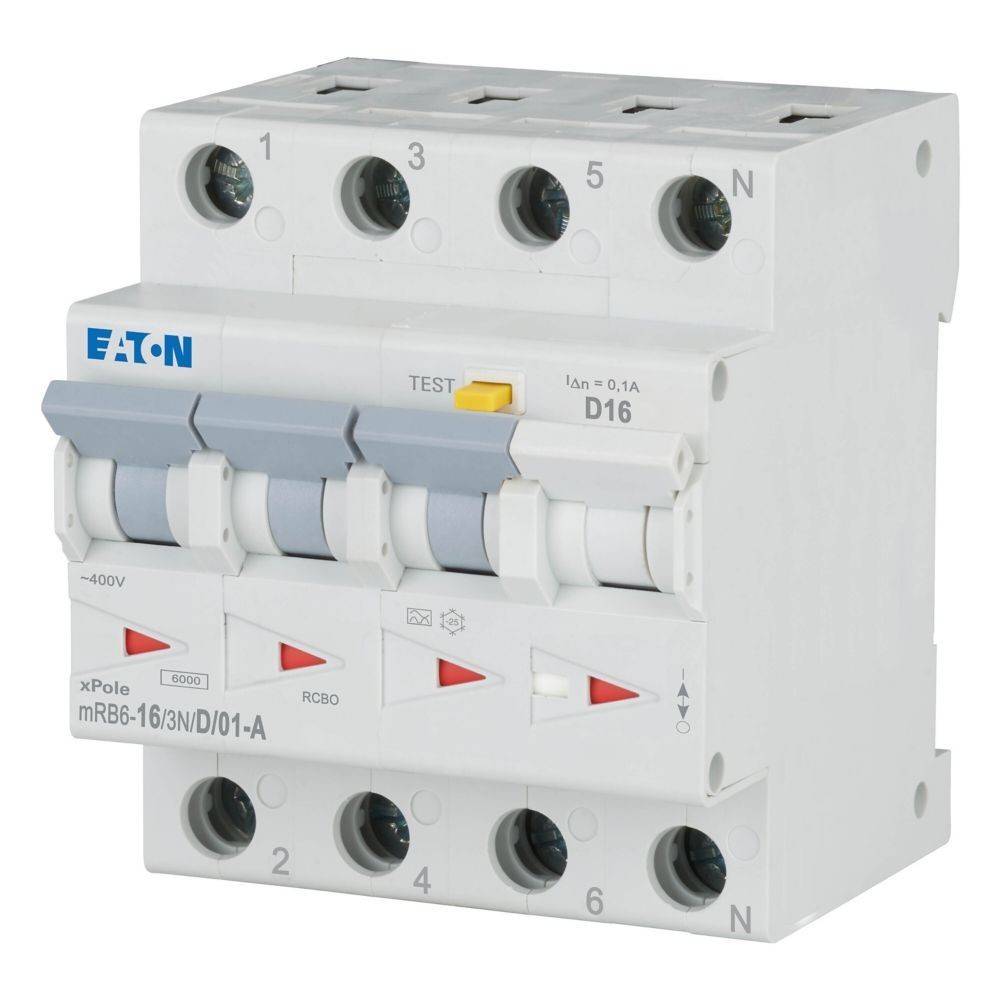 Ein weißer Eaton RCBO-Schalter für elektrische Sicherheit mit Testknopf und beschrifteten Schaltern für verschiedene Spannungseingänge.