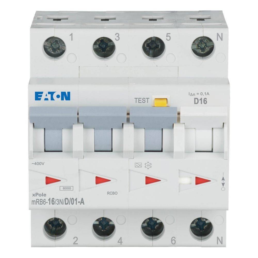 Eaton xPole mRB6 RCBO Leitungsschutzschalter, Modell D16, grau mit Testknopf, dreipolig, konzipiert für Überstromschutz und Fehlererfassung.