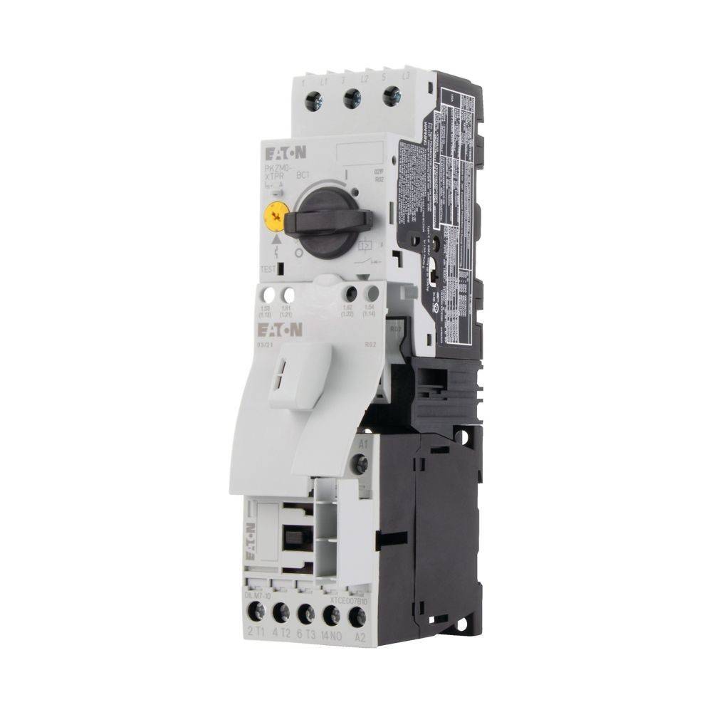 Ein weißer und schwarzer Eaton-Schalter mit Kippschalter, beschrifteten Einstellungen und einem gelben Knopf, der zur Steuerung elektrischer Stromkreise verwendet wird.