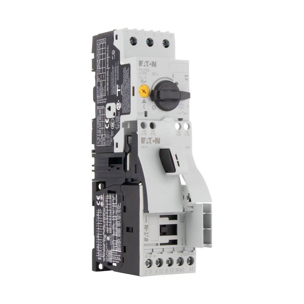 Ein grauer industrieller Leistungsschalter mit Kontrolldrehknöpfen und beschrifteten Abteilen, konzipiert für elektrische Sicherheit und Ausrüstungsschutz.