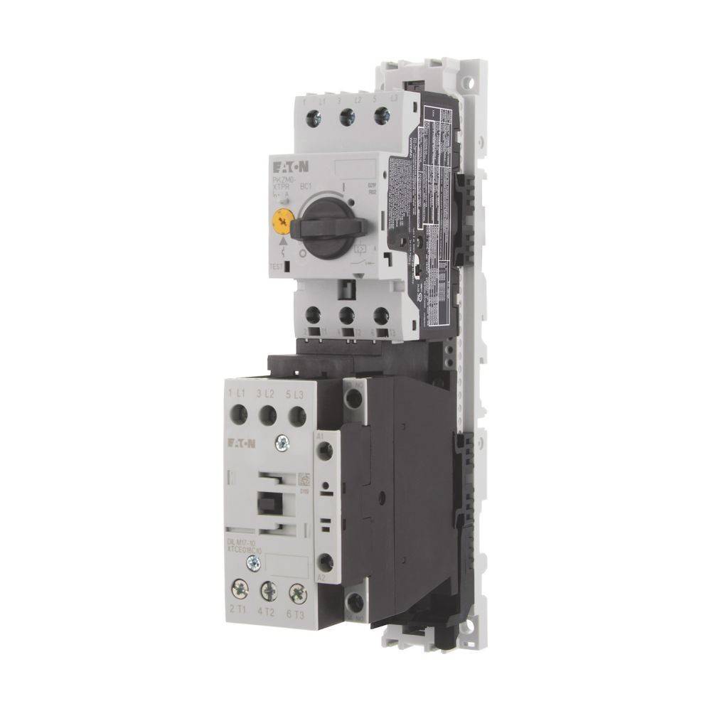 Ein Eaton-Motorstarter, der ein kompaktes Gerät in Weiß und Schwarz mit einstellbaren Wahlschaltern zeigt, wird zur Steuerung von Motorfunktionen verwendet.