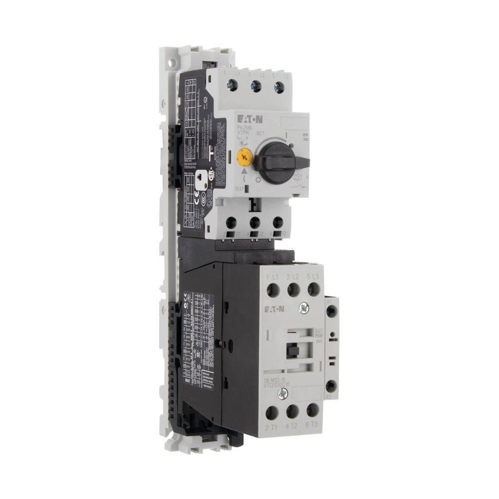 Eaton-Motorschutzschalter und Schützbaugruppe mit Wahlschalter, beschrifteten Anzeigen und Anschlusspunkten für elektrische Integration.