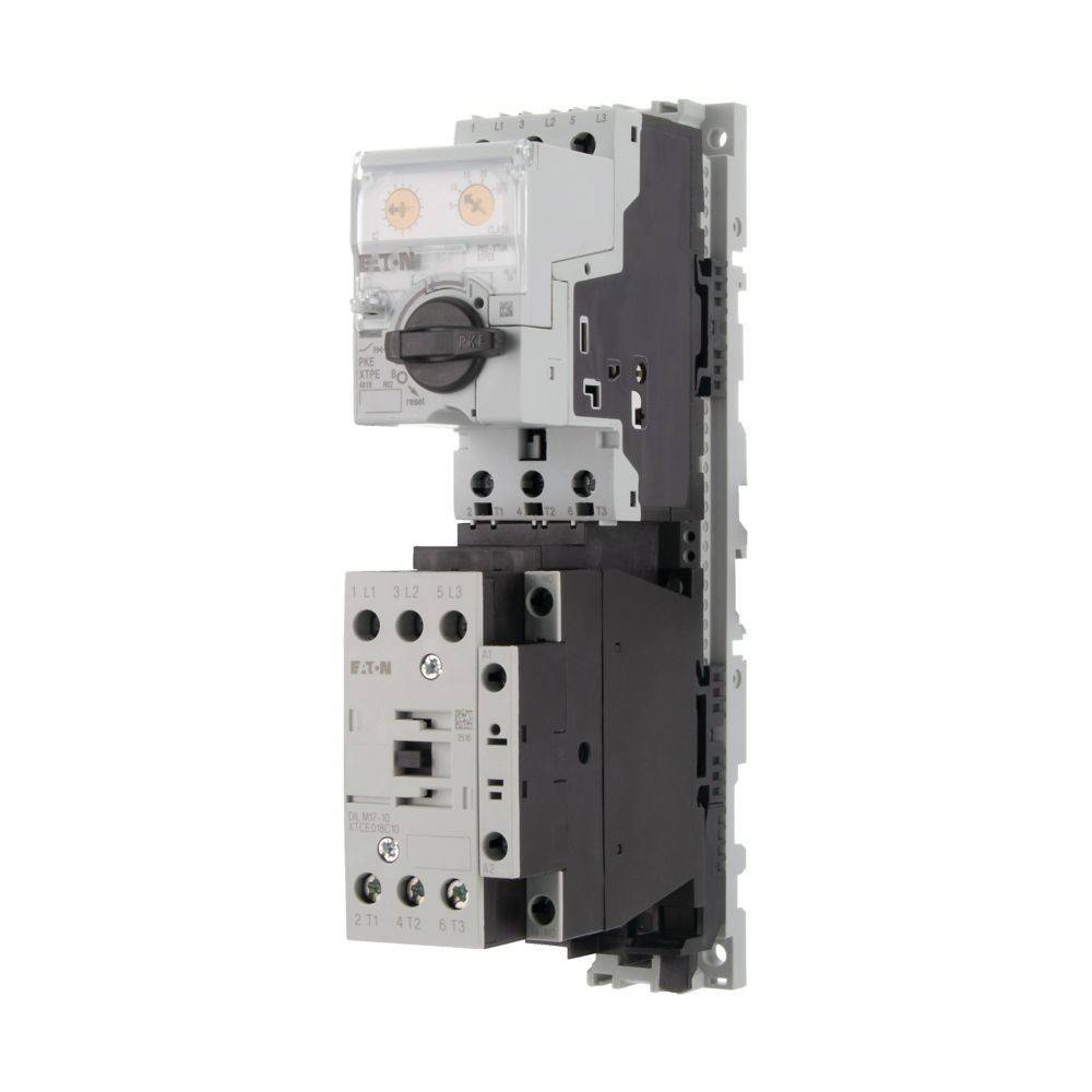 Elektrisches Gerät mit einem vertikal montierten Leistungsschalter und Schütz, das zur Steuerung des Stromflusses in elektrischen Systemen verwendet wird.