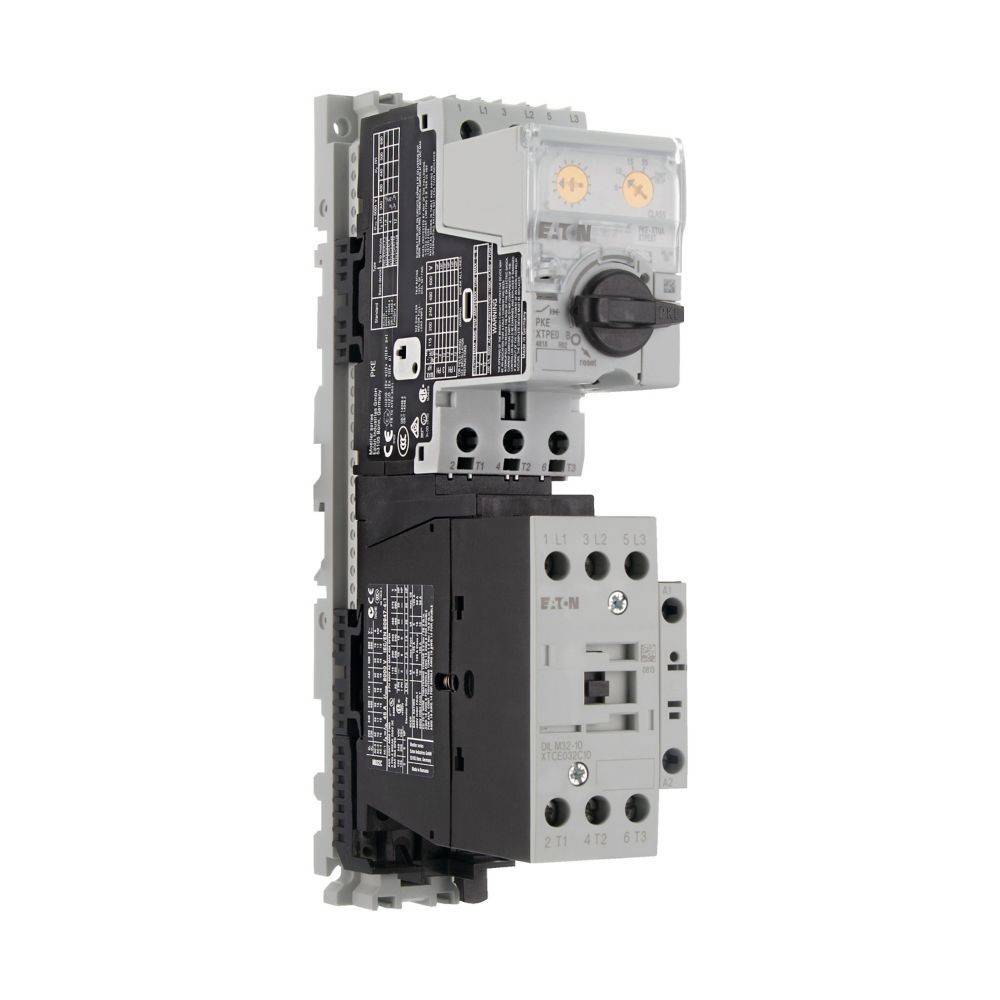 Eaton Motorschutzschalter und Schützbaugruppe mit schwarzem Drehschalter, ausgelegt für industrielle elektrische Steuerungsanwendungen.