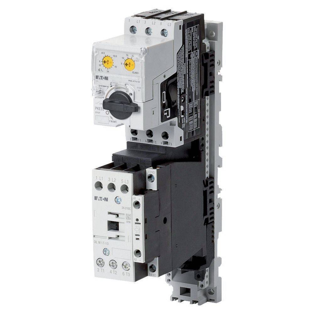 Eine Nahaufnahme eines elektrischen Motorstarters mit Steuerungsdrehreglern und beschrifteten Komponenten, die dessen Struktur und Design für industrielle Zwecke zeigt.