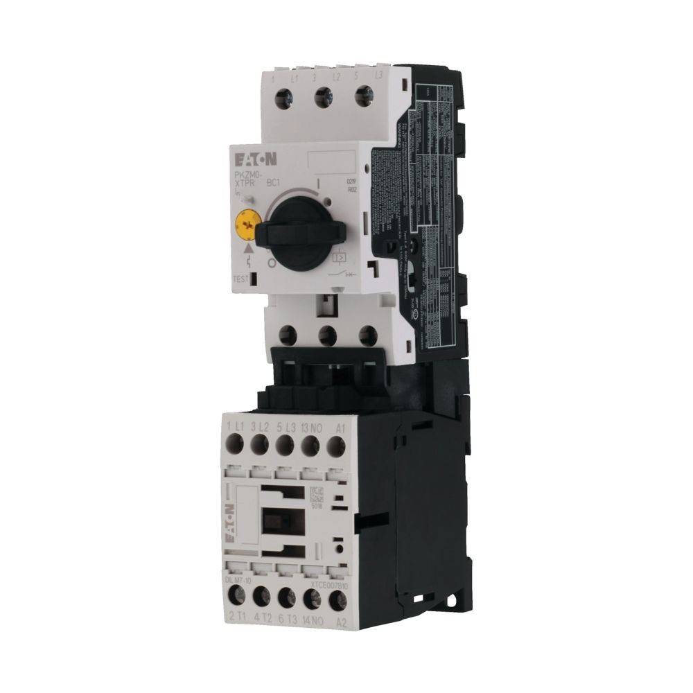 Eaton-Motorschutzschalter mit angebautem Hilfsschalterblock, verwendet zum Schutz von Motoren vor Überlastungen.