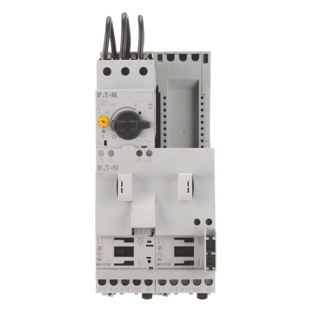 Eaton Motorstarter-Einheit mit schwarzem Drehschalter und weißem Gehäuse, konzipiert für industrielle elektrische Systeme.