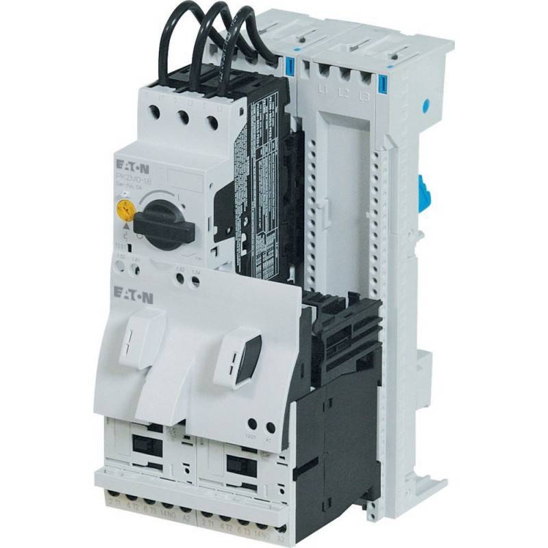 Eaton-Motorstarter mit weißen und schwarzen Komponenten, mehrere Kabel angeschlossen. Beschriftung und Drehknöpfe auf der Vorderseite sichtbar, weiße Gehäuse.