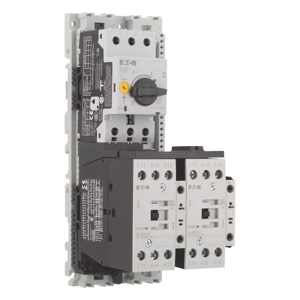 Ein elektrischer Schalter mit mehreren Schaltern und Beschriftungen. Er hat einen grauen und schwarzen Gehäuse mit einem gelben Wahlschalter und verschiedenen Anschlusspunkten.