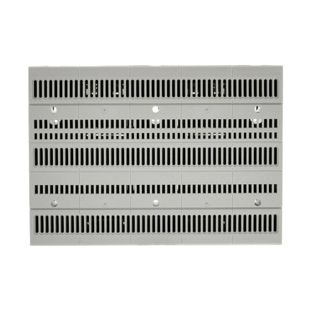 Ein grauer Kunststoff-Lüftungseinsatz mit horizontalen Schlitzen, der für die Luftzirkulation in elektronischen oder industriellen Geräten konzipiert ist.