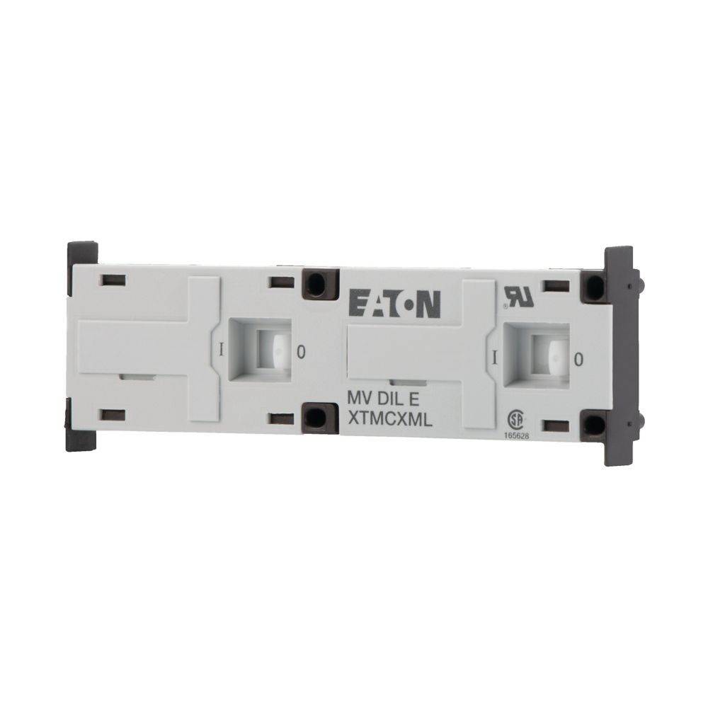 Eine weiße und graue elektrische Komponente mit der Bezeichnung 'EATON', ausgestattet mit zwei Kippschaltern, die mit 'I' und 'O' beschriftet sind, und einer Modellnummer 'MV DIL E XTMCXML'.