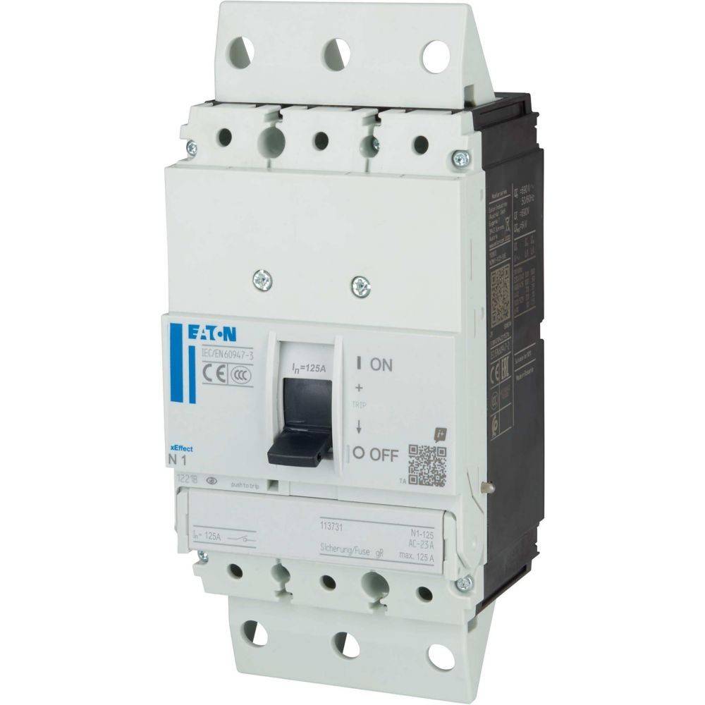 Ein weißer elektrischer Sicherungsautomat der Marke 'Eaton', der einen EIN- und AUS-Schalter zeigt, mit einer maximalen Nennstärke von 125A.