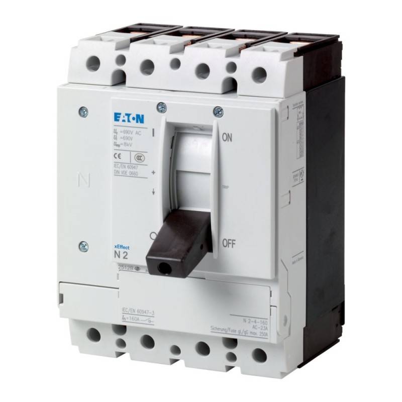 Leitungsschalter mit 'EIN'- und 'AUS'-Schalterpositionen, auf dem Frontpanel werden elektrische Spezifikationen und Firmenbranding angezeigt.