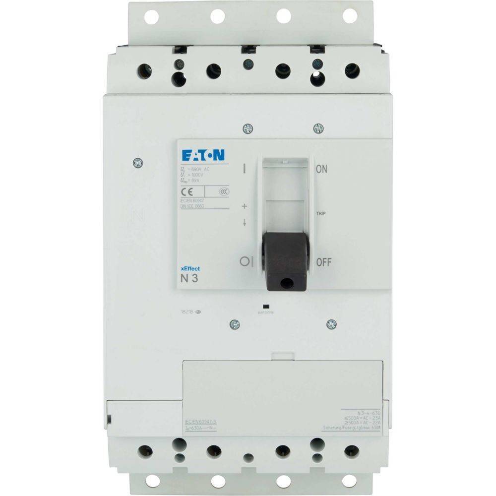 Ein weißer industrieller Leistungsschalter mit seiner Schaltung in der 'AUS'-Position. Beschriftet mit 'Eaton', Modelldetails und Zertifizierungszeichen.