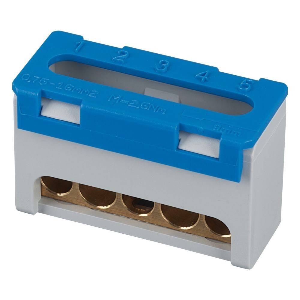 Ein blauer und grauer elektrischer Anschlussblock mit fünf nummerierten Schlitzen zum Anschließen von Leitungen, der einen Bereich von '0,75-1,5 mm²' anzeigt.