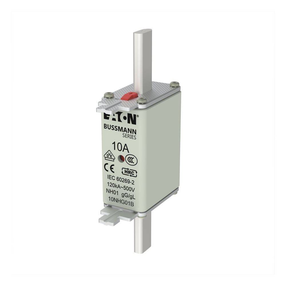 Eaton Bussmann Sicherungseinsatz, 10A, IEC 60269-2, 120kA-500V NH01 gG|L, gekennzeichnet mit HRC und CE, mit Metallkontakten und einem roten Indikator oben.