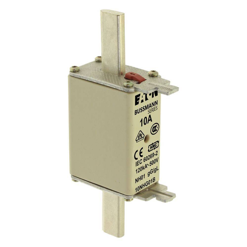 Eaton Bussmann Sicherung, 10A, NH gG Typ, IEC 60269-2 konform, mit silberfarbenem Metallgehäuse und zwei Anschlüssen.