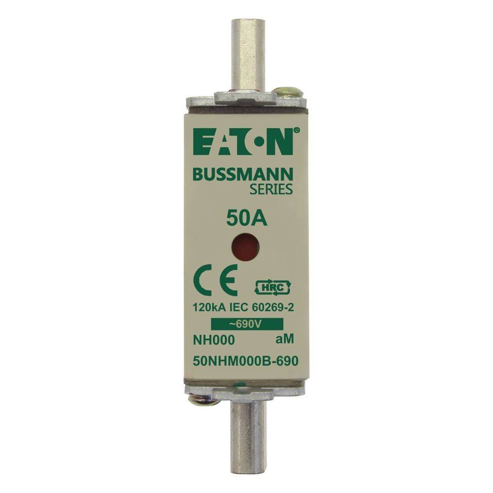EATON Bussmann Serie 50A Sicherung, 120kA IEC 60269-2, 690V, Größe NH000, Modell 50NHM00B-690, CE-zertifiziert, HRC-gekennzeichnet.
