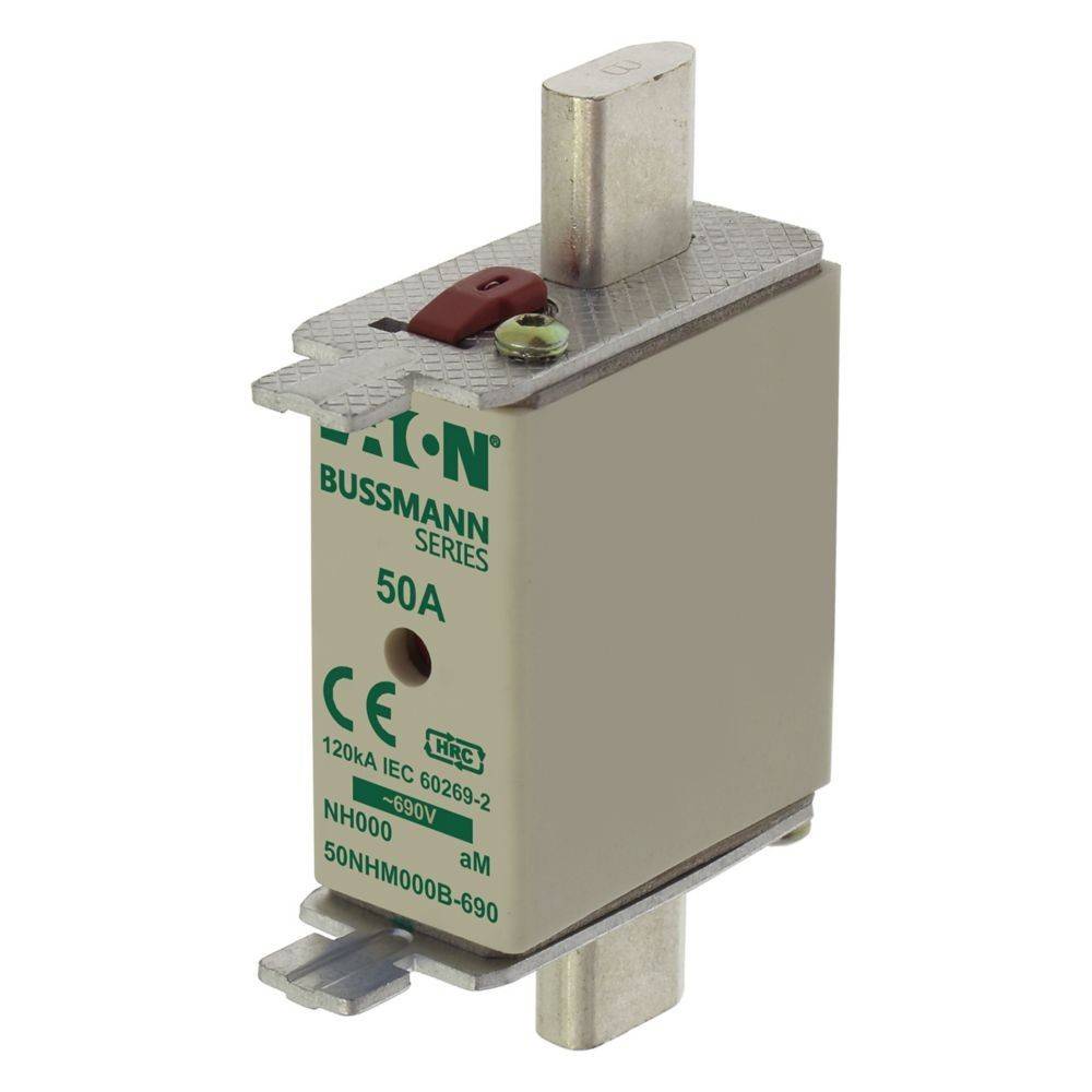 Ein Bussmann NH00 Sicherungseinsatz mit einer Nennstromstärke von 50 A. Er ist beige, rechteckig, verfügt über Metallkontakte an beiden Enden und ist mit Spezifikationen beschriftet.