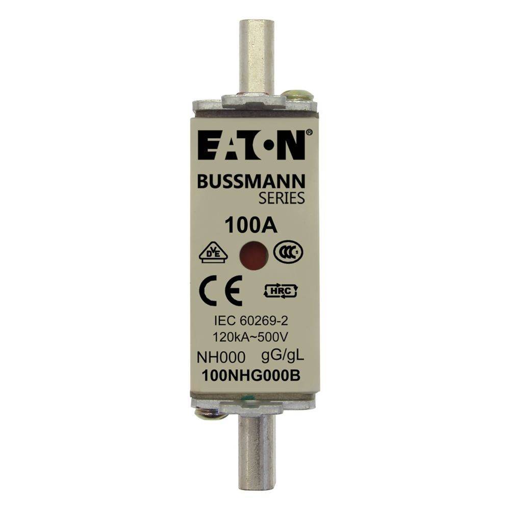 Eaton Bussmann Serie 100A-Sicherung, IEC 60269-2, 120kA-500V, Größe NH000, gG/gL-Bewertung, Modell 100NHG000B, mit verschiedenen Sicherheitszertifizierungen.