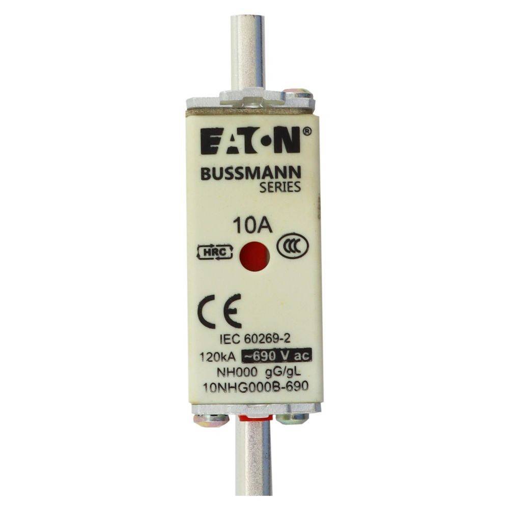 EATON Bussmann Serie' Sicherung mit der Bezeichnung '10A, IEC 60269-2, 120kA - 690 V ac, NH000 gG/gL.