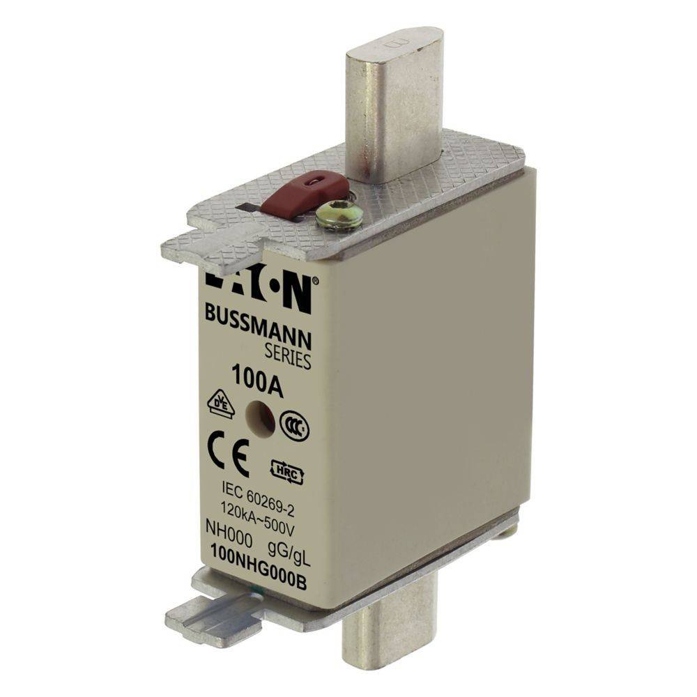 Ein Bussmann 100A-Sicherung mit Metallkontakten, gekennzeichnet mit IEC 60269-2, 120kA-500V Spezifikationen und der Reihenbezeichnung '100NHG000B'.