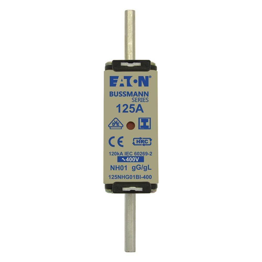 Ein Bussmann-Sicherungseinsatz der 125A-Reihe von Eaton, ausgelegt für 400V, mit HRC-Kennzeichnung. Er entspricht der IEC-60269-2-Norm und dem Modell NH01.
